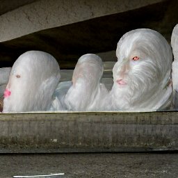 AI generated image of a line of heads wrapped in white plastic trash bags under an overpass