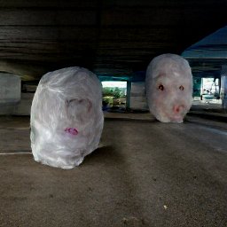 AI generated image of a line of heads wrapped in white plastic trash bags under an overpass