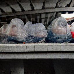 AI generated image of a line of heads wrapped in white plastic trash bags under an overpass