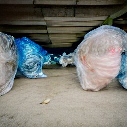 AI generated image of a line of heads wrapped in white plastic trash bags under an overpass