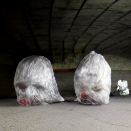 AI generated image of a line of heads wrapped in white plastic trash bags under an overpass