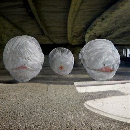 AI generated image of a line of heads wrapped in white plastic trash bags under an overpass