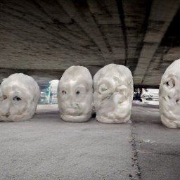 AI generated image of a line of heads wrapped in white plastic trash bags under an overpass