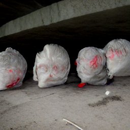 AI generated image of a line of heads wrapped in white plastic trash bags under an overpass