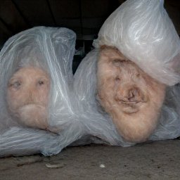 AI generated image of a line of heads wrapped in white plastic trash bags under an overpass