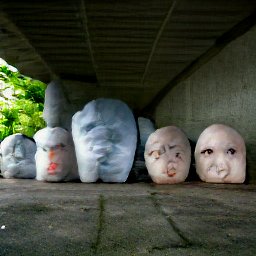 AI generated image of a line of heads wrapped in white plastic trash bags under an overpass