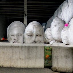 AI generated image of a line of heads wrapped in white plastic trash bags under an overpass