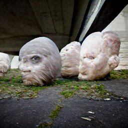 AI generated image of a giant head surrounded by white tarp under an overpass