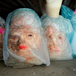 AI generated image of a crowd of heads wrapped in plastic under an overpass
