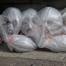 AI generated image of a crowd of heads wrapped in plastic with what looks like lipstick on under it under an overpass