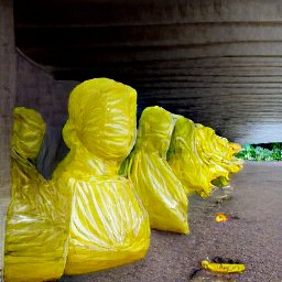 AI generated image of a crowd of heads wrapped in plastic with what looks like lipstick on under it under an overpass