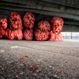 AI generated image of a line of heads wrapped in yellow plastic trash bags under an overpass