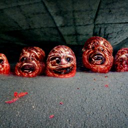 AI generated image of a line of heads wrapped in red plastic trash bags under an overpass