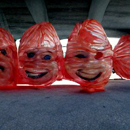 AI generated image of a line of heads wrapped in red plastic trash bags under an overpass