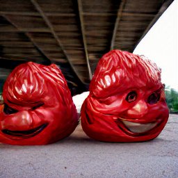 AI generated image of a line of heads wrapped in red plastic trash bags under an overpass