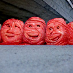 AI generated image of a line of heads wrapped in red plastic trash bags under an overpass