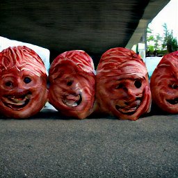 AI generated image of a line of heads wrapped in red plastic trash bags under an overpass