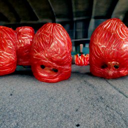 AI generated image of a line of heads wrapped in red plastic trash bags under an overpass