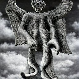 AI generated image of a stone statue of Pazuzu floating in the sky in front of purple and blue storm clouds