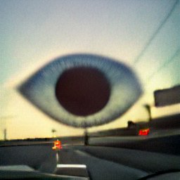 AI generated image of a giant eye hanging in the sky over a highway