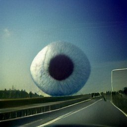 AI generated image of a huge blue eye hanging over a highway photo taken from inside a car