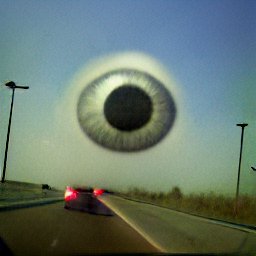AI generated image of a round eye hanging on the horizon while cars drive on a highway