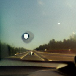 AI generated image of a huge round eye flying in the sky above a highway in the middle of nowhere