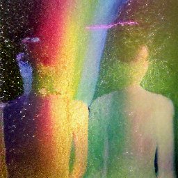 AI generated image of a psychedelic double negative photo of two figures in negative space standing in front of foliage, with a soft rainbow between them