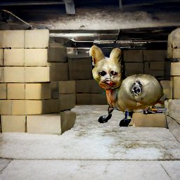 AI generated image of a dim basement with stacked boxes everywhere and a strange creature in the center of the boxes. It looks like a bald cat with small legs and a hole in its side