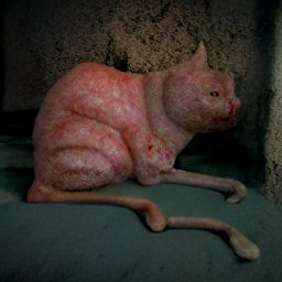 AI generated image of a cat with what looks like no skin, or red discoloration on its skin, beady eyes, and a strange long tail that looks like it has a knee joint