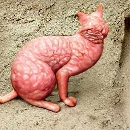 AI generated image of a cat with what looks like no skin, or maybe a cat that is made of ground beef. It is crouching in a basement