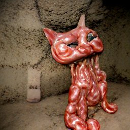 AI generated image of a strange distorted cat with no fur just made of sort of meat or muscle with empty eye sockets in some kind of cave