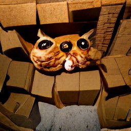 AI generated image of a bunch of boxes with a hole in the middle of all the boxes where a two headed cat creature with sort of button eyes and no hair looks out at the viewer