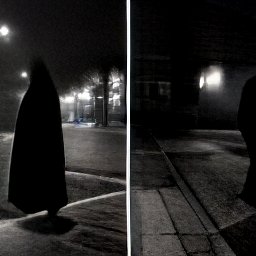 AI generated image of a split screenshot of two photos in black and white taken by a phone. A figure in a dark cloak stands in the sidewalk on a street at night