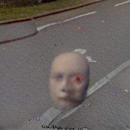 AI generated image of a road with a disembodied head with light skin and one red eye