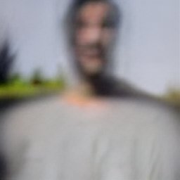 AI generated image of a very out of focus image taken outside. It shows a person standing in frame, shown from the shoulders up outside in front of some trees and grass. However there is an optical illusion where their gray shirt is also the road, so their head rises up from the ground like a tree