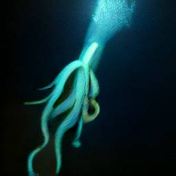 AI generated image of a giant squid with wiggling tentacles emanating light from its head