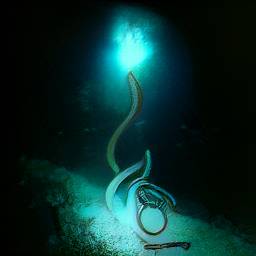 AI generated image underwater of tendrils swimming toward a light