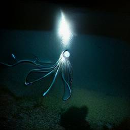 AI generated image of a giant squid with a glowing body underwater