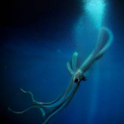 AI generated image of a giant tentacle creature underwater reachign for a beam of light