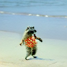 AI generated image of a raccoon wearing an orange and white polka dot one piece bathing suit and standing on two legs on the beach