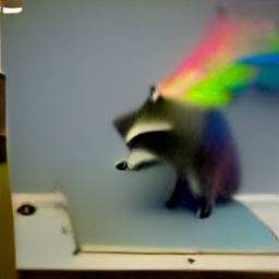 AI generated image of a baby raccoon looking off dejectedly while a smoky rainbow comes off her back like wings