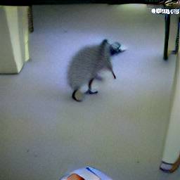 AI generated image of a raccoon on two legs standing in the middle of a carpeted library