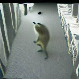 AI generated image of a baby raccoon in the library doing a handstand in the isle