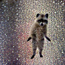 AI generated image of a baby raccoon standing in a sparkly void on two legs