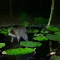 AI generated image of baby raccoon hiding behind a leaf at night in the woods