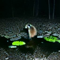 AI generated image of baby raccoon walking through a dark marsh with lilypads at night