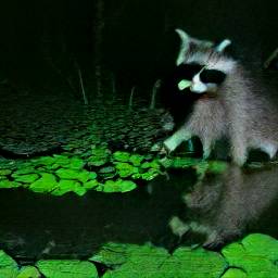 AI generated image of baby raccoon reaching out as she sits in a marsh at night in the lilypads by the water