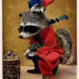 AI generated image of a baby raccoon dressed as a medieval jester