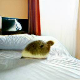 AI generated image of a bed with a small lump of a creature sitting on it that looks a bit like a rabbit or guinea pig